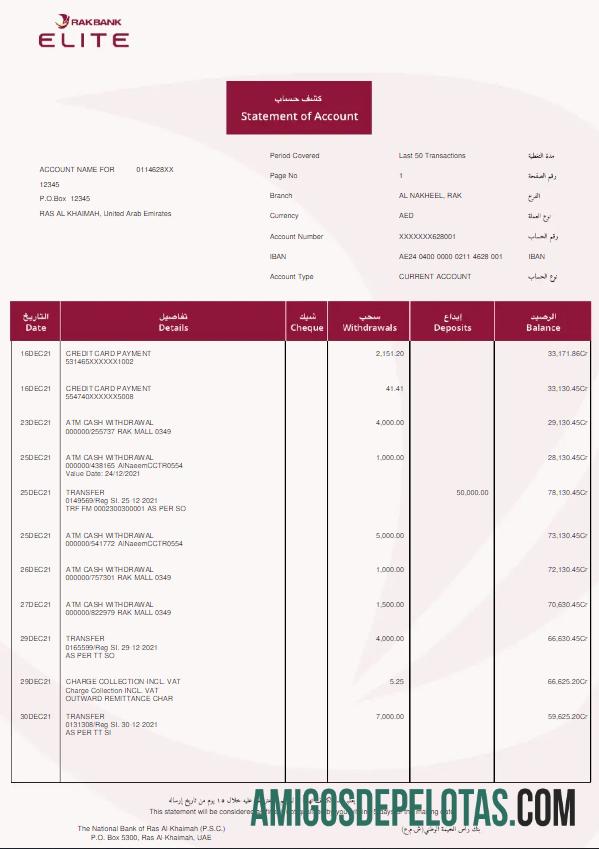 Extrato bancário em branco dos Emirados Árabes Unidos Rakbank Elite Word e PDF modelo W